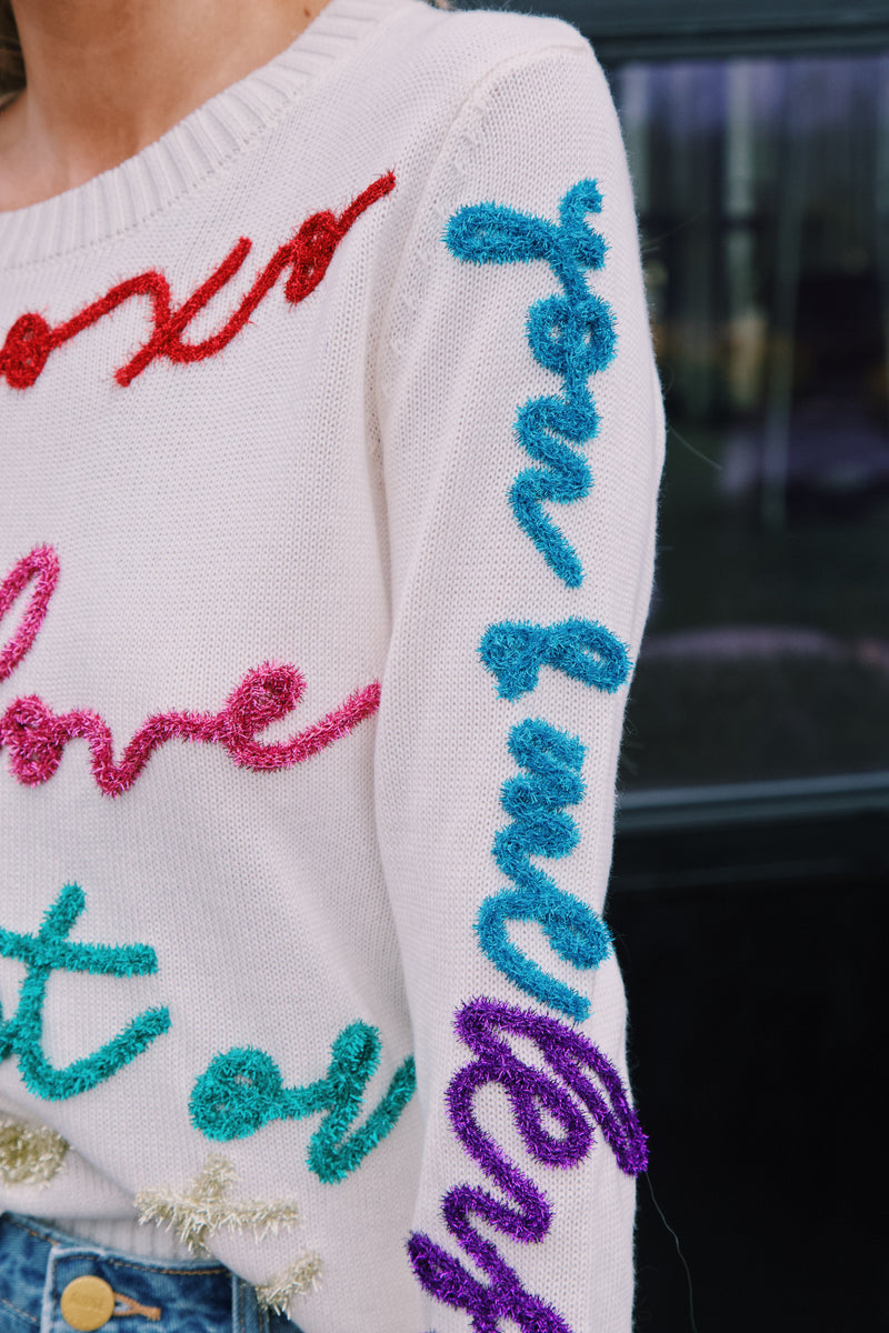 All the Glitter Script Sweater, White Multi
