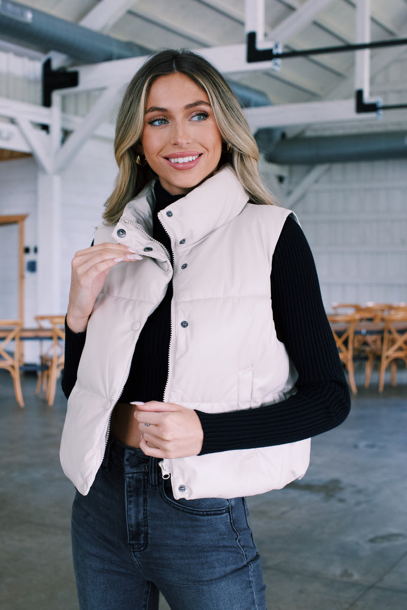 Vail Puffy Faux Leather Vest, Cream