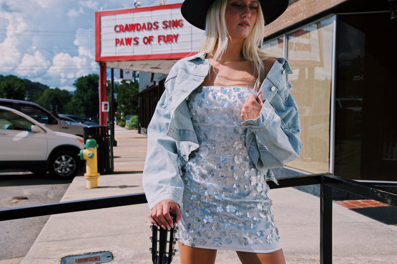 Lucky Day Flower Sequin Mini Dress, Silver