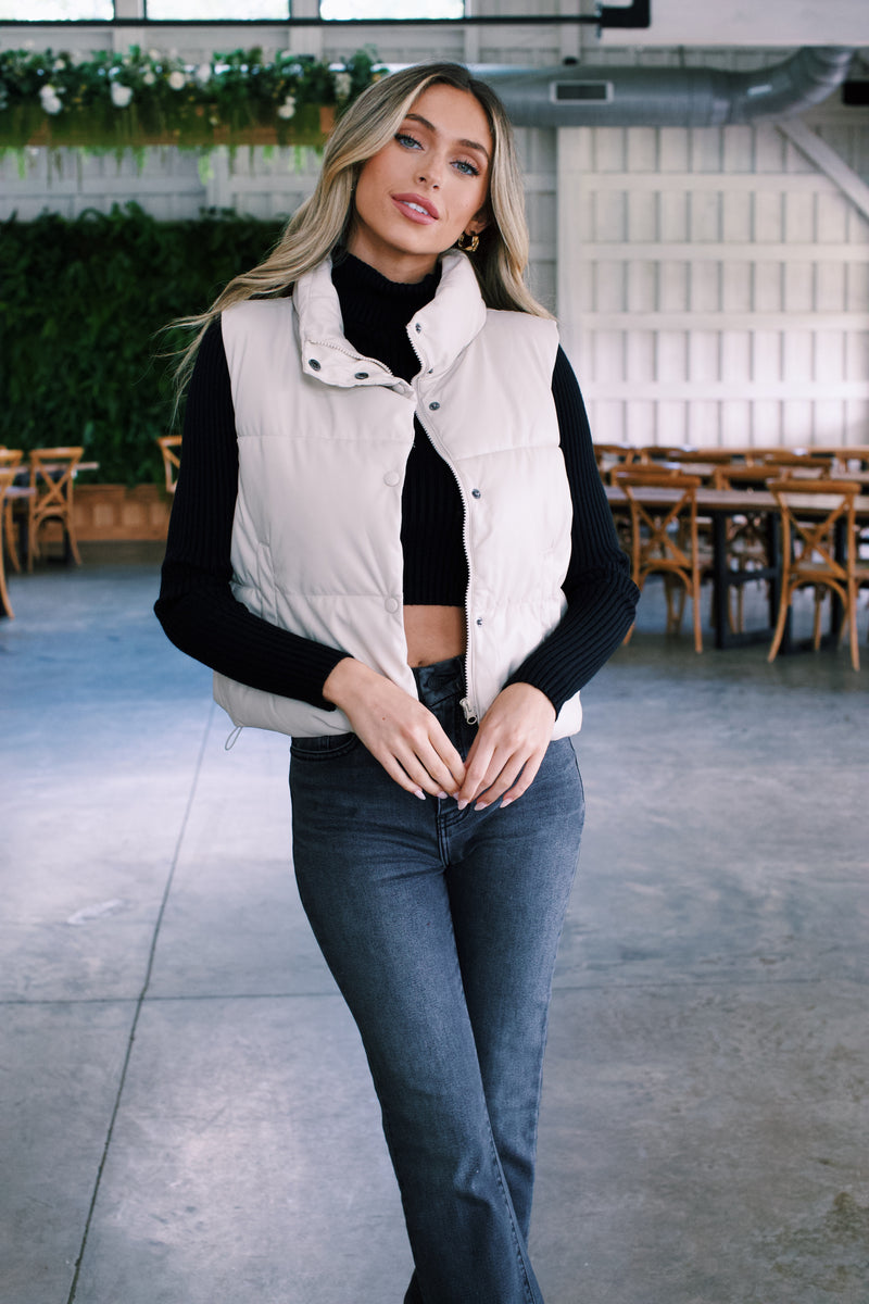 Vail Puffy Faux Leather Vest, Cream