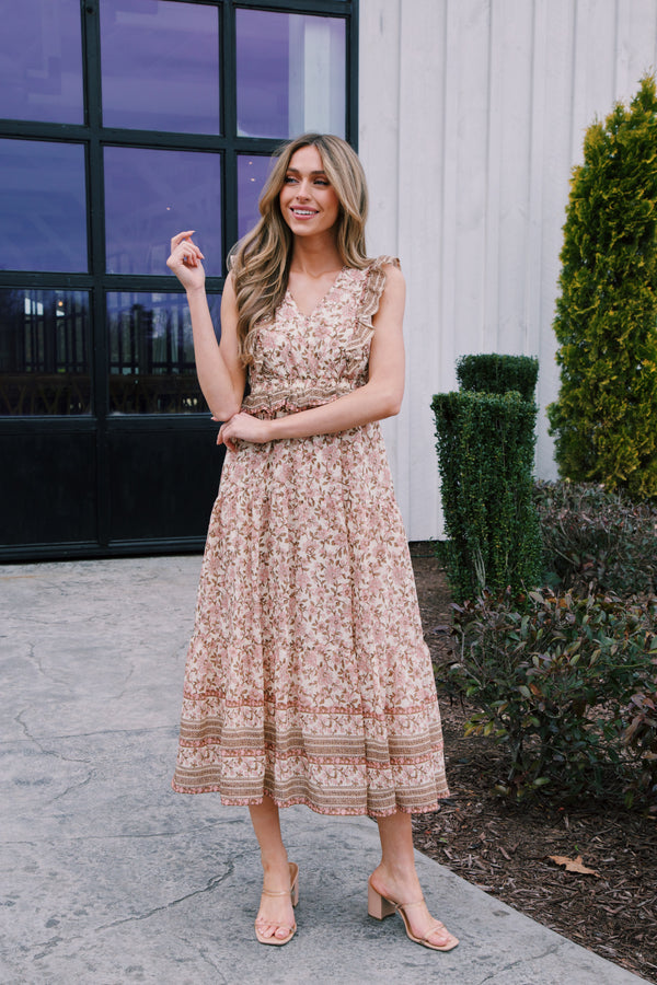 Esmeralda Floral Midi Dress, Rose Multi