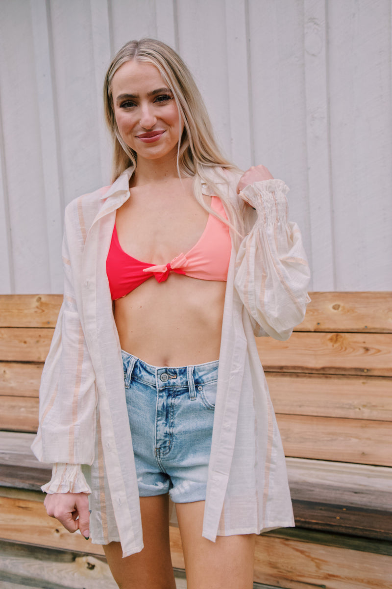 Bright Bloom Color Block Bikini Top, Coral