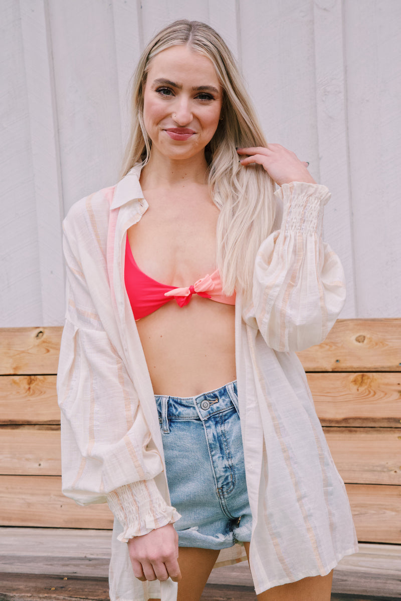 Bright Bloom Color Block Bikini Top, Coral