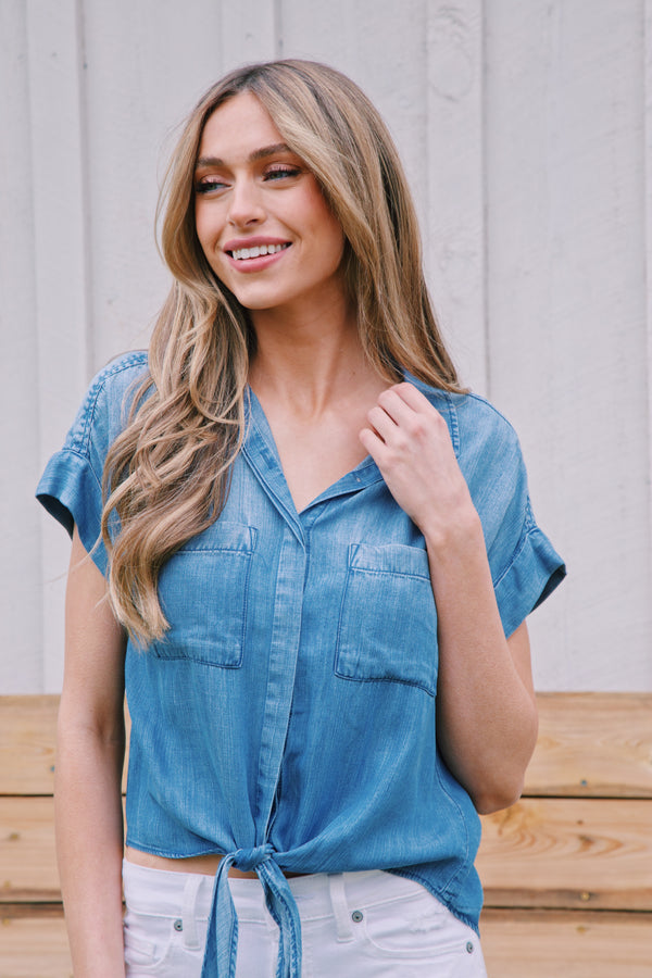 Zuria Tie Front Button Up, Harbor Lake | Velvet Heart