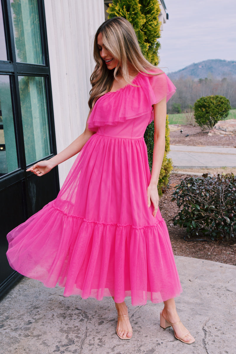 Vivienne One Shoulder Midi Dress, Fuchsia
