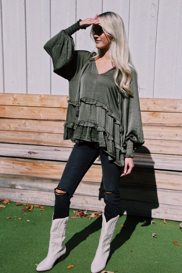 River Ruffled Peasant Blouse, Olive