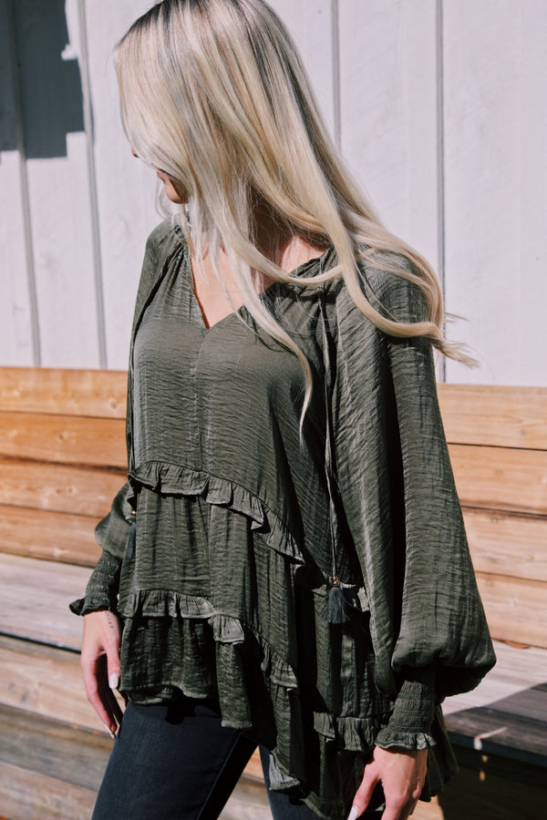 River Ruffled Peasant Blouse, Olive