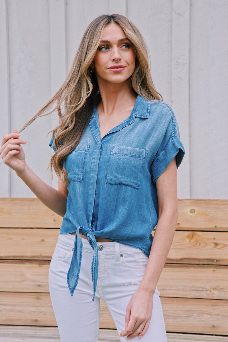 Zuria Tie Front Button Up, Harbor Lake | Velvet Heart