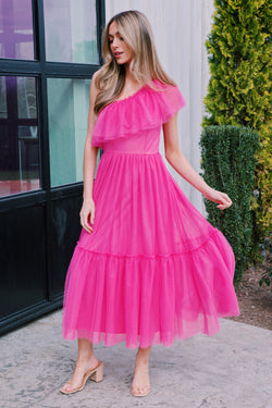 Vivienne One Shoulder Midi Dress, Fuchsia