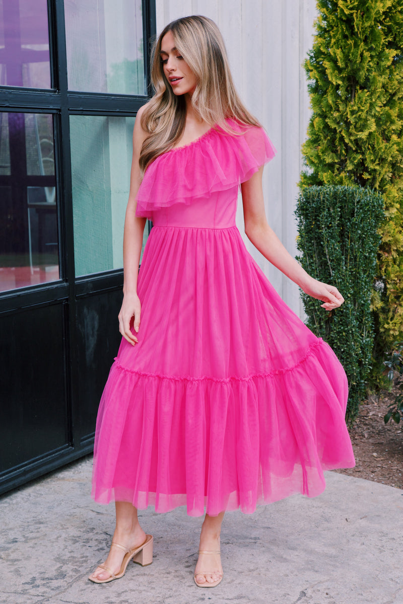 Vivienne One Shoulder Midi Dress, Fuchsia