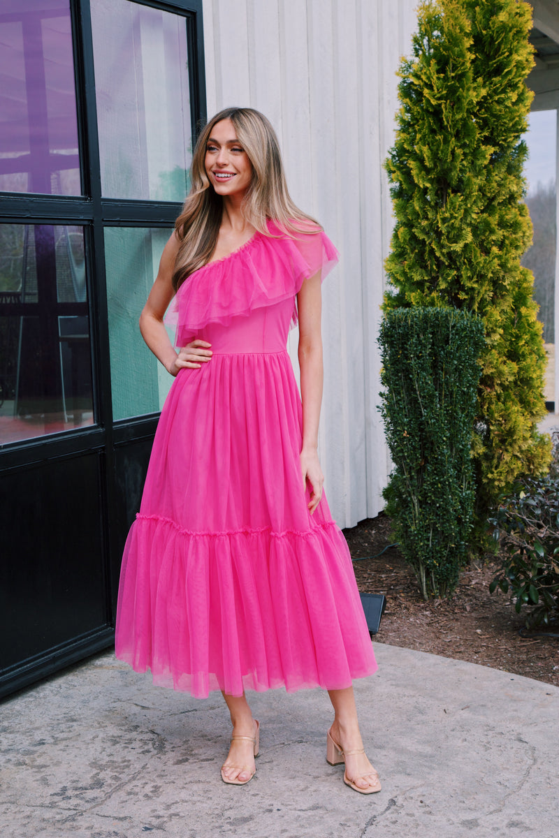 Vivienne One Shoulder Midi Dress, Fuchsia