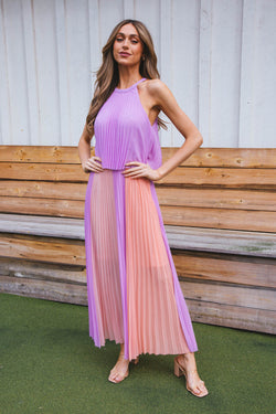Belinda Pleated Color Block Maxi Dress, Lavender/Coral