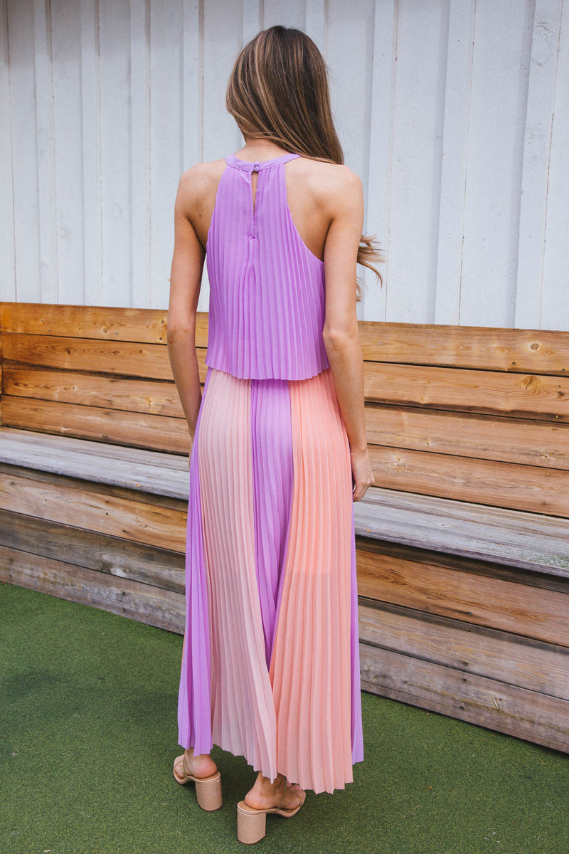 Belinda Pleated Color Block Maxi Dress, Lavender/Coral