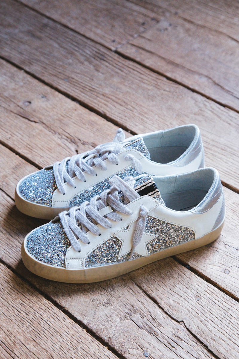 Paris Glitter Detail Lace Up Sneaker, Silver Sparkle | SHUSHOP