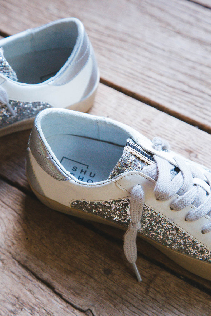Paris Glitter Detail Lace Up Sneaker, Silver Sparkle | SHUSHOP