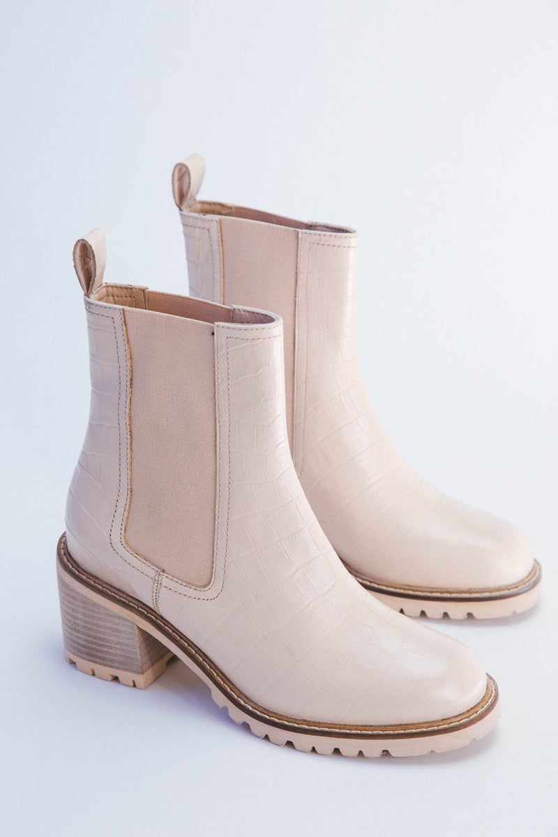 Far-Fetched Croc Leather Boot, Cream | Seychelles