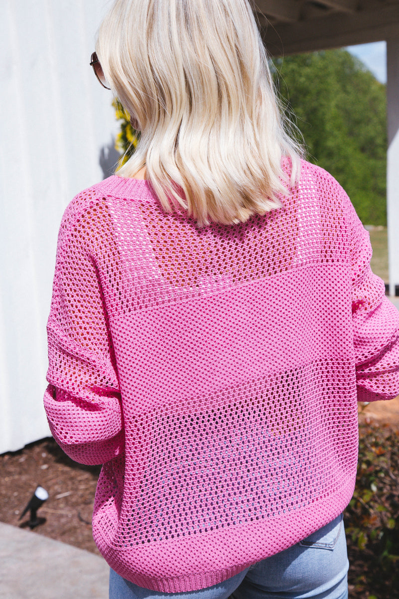Andrea Fishnet Sweater, Hot Pink