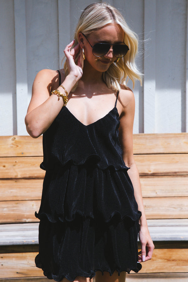 Costa Plisse Tiered Mini Dress, Black