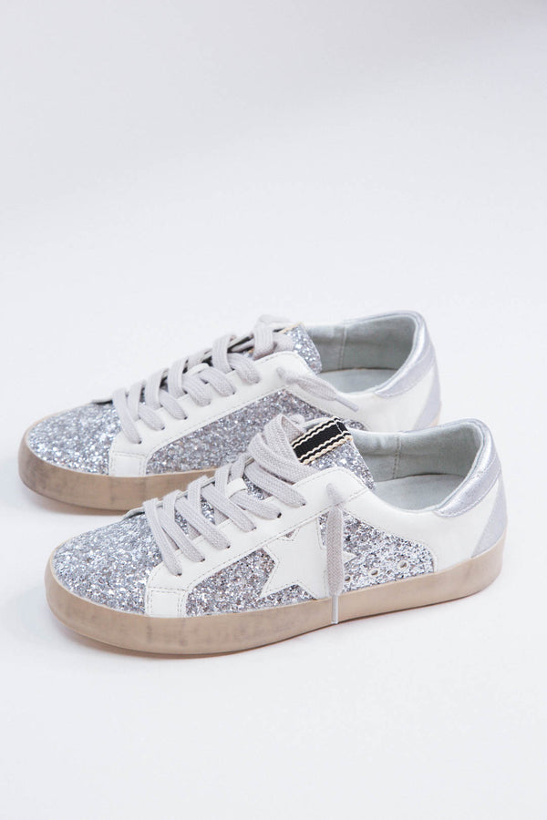 Paris Glitter Detail Lace Up Sneaker, Silver Sparkle | SHUSHOP