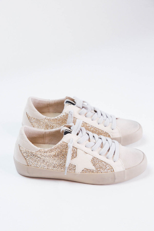 Paula Lace Up Star Sneaker, Gold Glitter