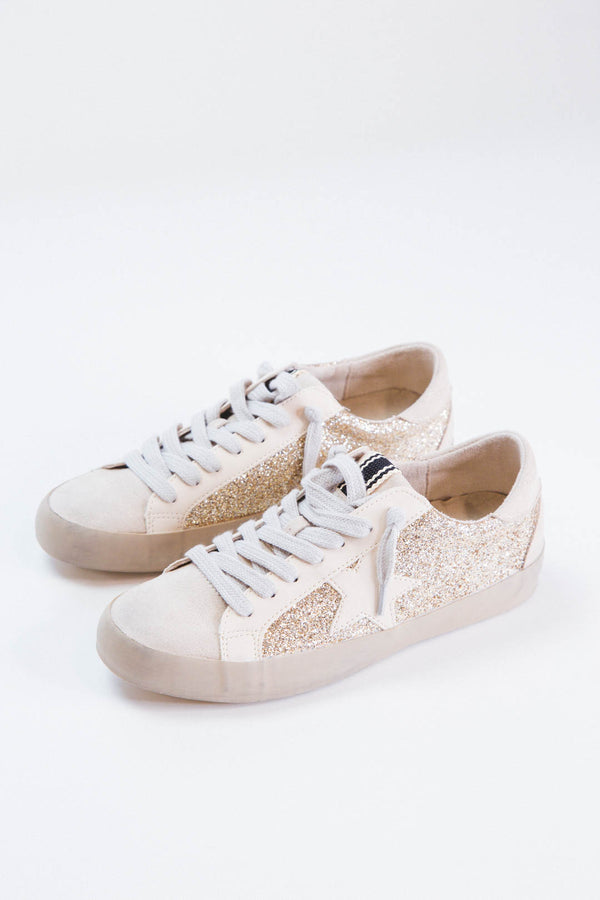 Paula Lace Up Star Sneaker, Gold Glitter