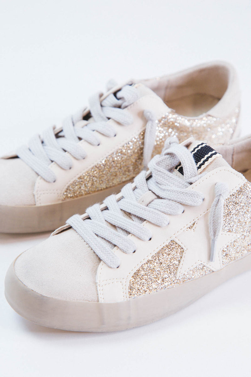 Paula Lace Up Star Sneaker, Gold Glitter