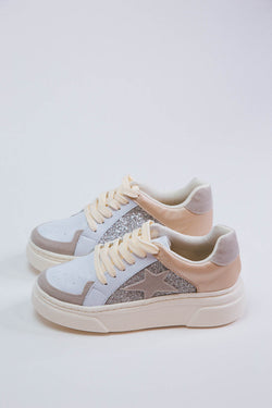 Aria Glitter Star Sneaker, Nude/Silver