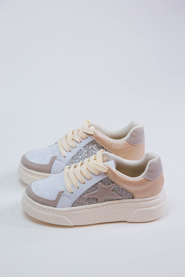 Aria Glitter Star Sneaker, Nude/Silver