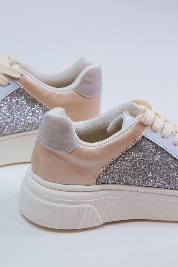 Aria Glitter Star Sneaker, Nude/Silver