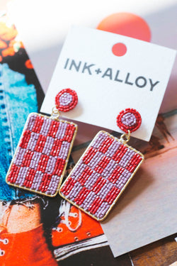 Beaded Dangle Rectangle Post Earring, Red Check | Ink + Alloy
