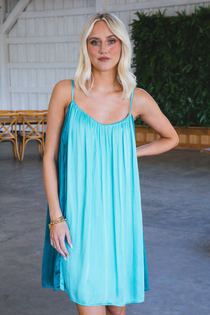 Cenci Colorblock Satin Mini Dress, Turquoise/Verdi