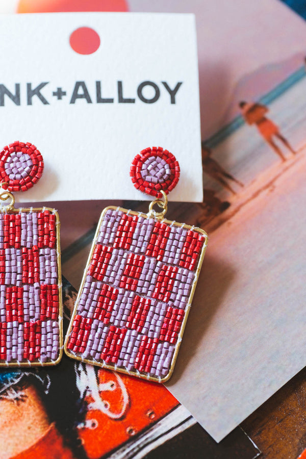 Beaded Dangle Rectangle Post Earring, Red Check | Ink + Alloy
