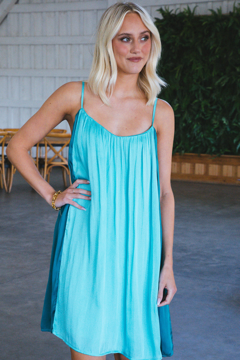 Cenci Colorblock Satin Mini Dress, Turquoise/Verdi