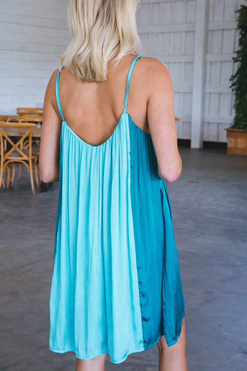 Cenci Colorblock Satin Mini Dress, Turquoise/Verdi