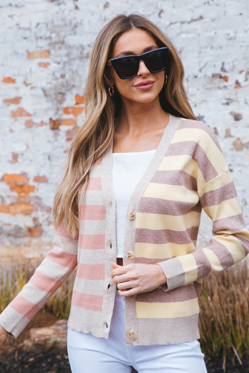 Beck Striped Button Down Cardigan, Latte/Lemon