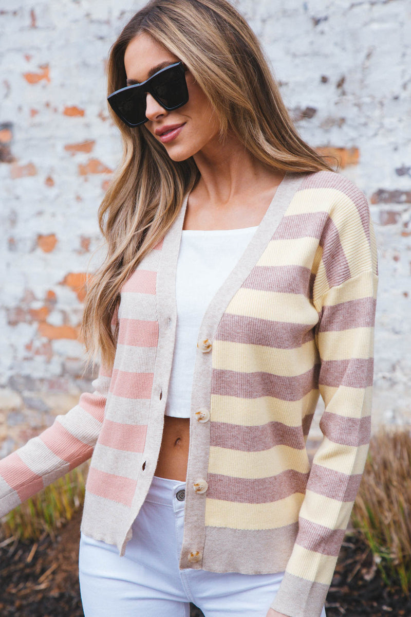 Beck Striped Button Down Cardigan, Latte/Lemon