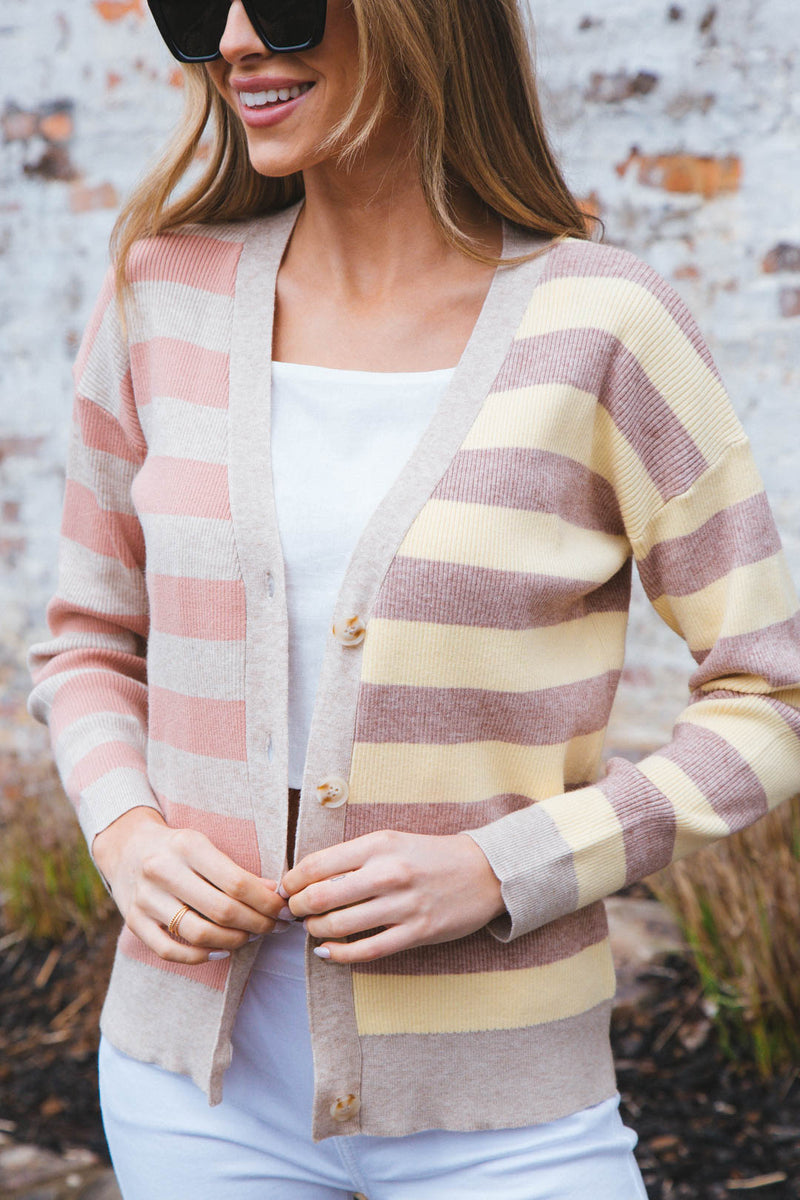 Beck Striped Button Down Cardigan, Latte/Lemon