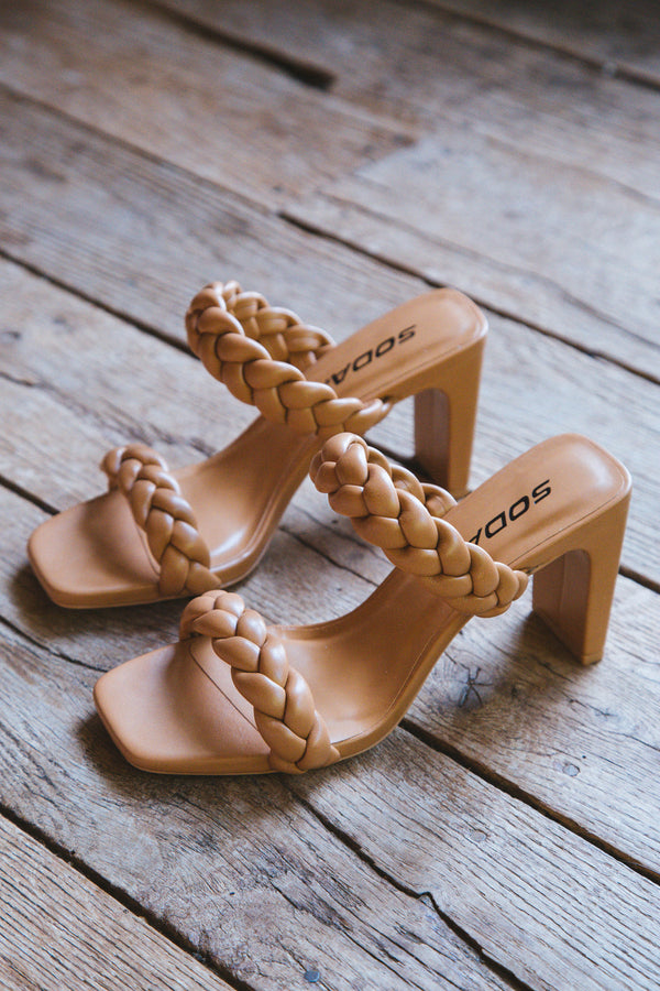 Found Braided Squared Toe Heel Sandal, Camel