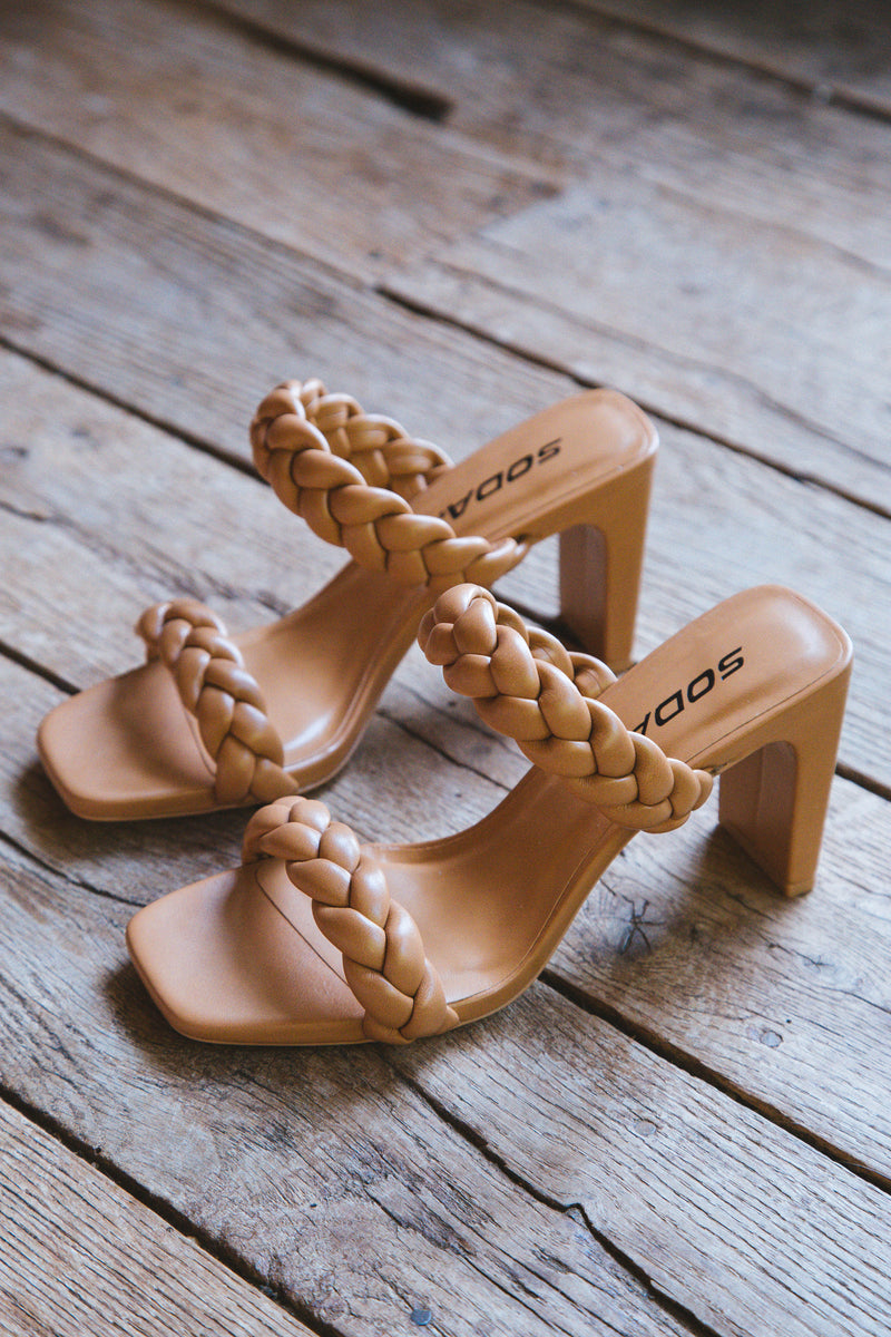 Found Braided Squared Toe Heel Sandal, Camel