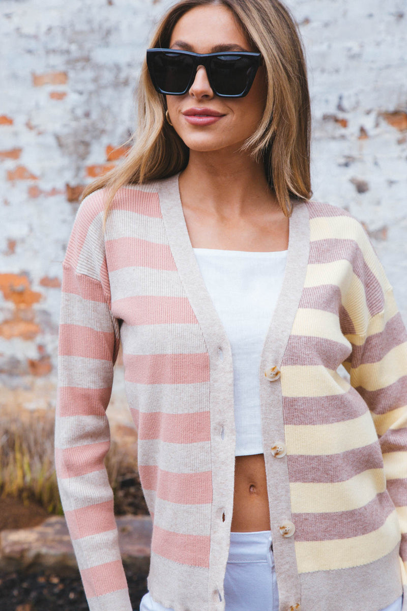 Beck Striped Button Down Cardigan, Latte/Lemon