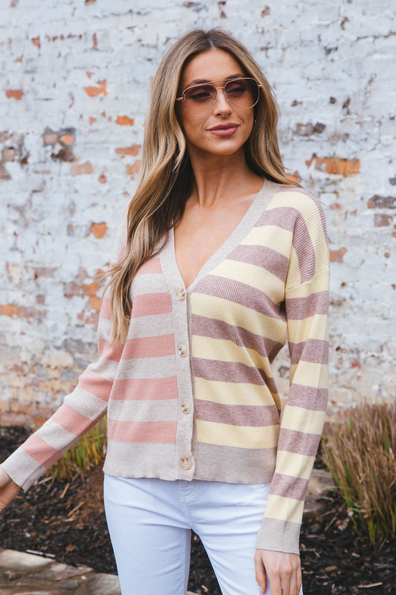 Beck Striped Button Down Cardigan, Latte/Lemon