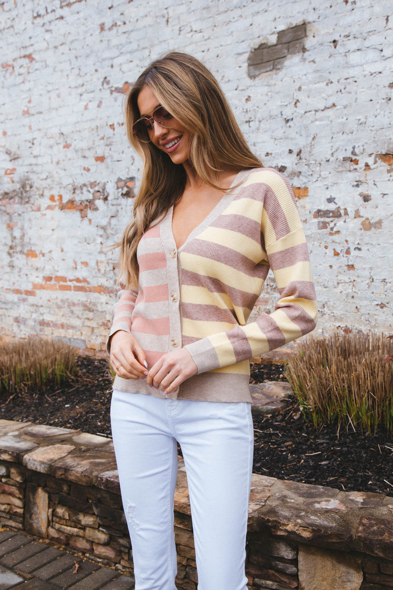 Beck Striped Button Down Cardigan, Latte/Lemon