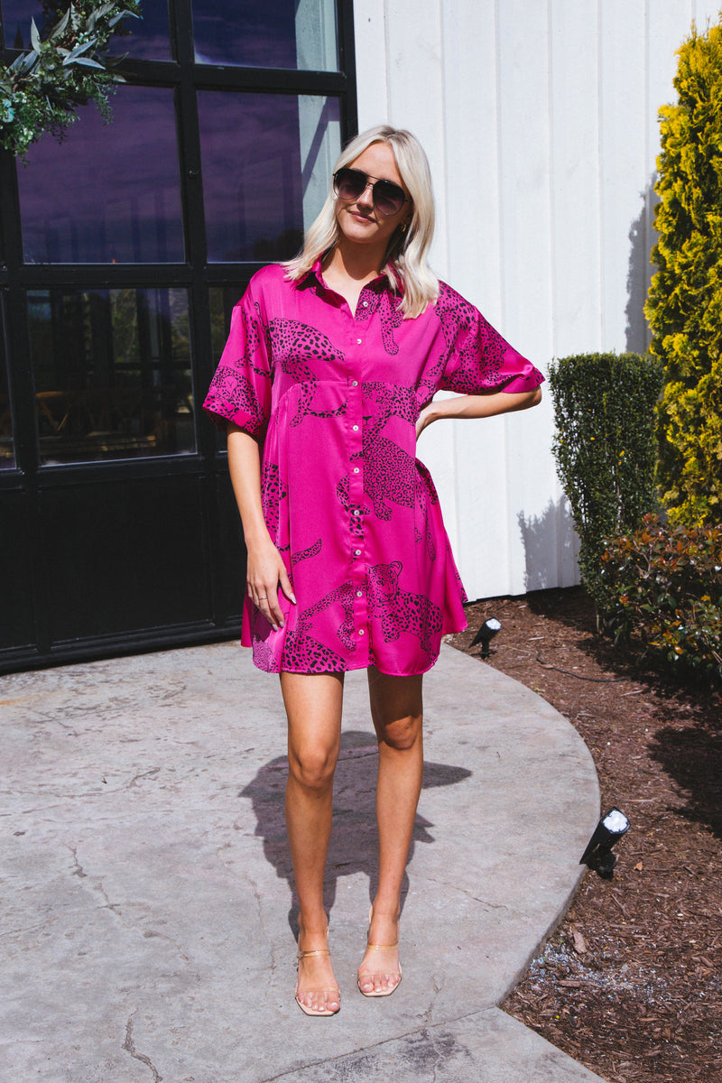 Jada Leopard Satin Dress, Hot Pink | Extended Sizes