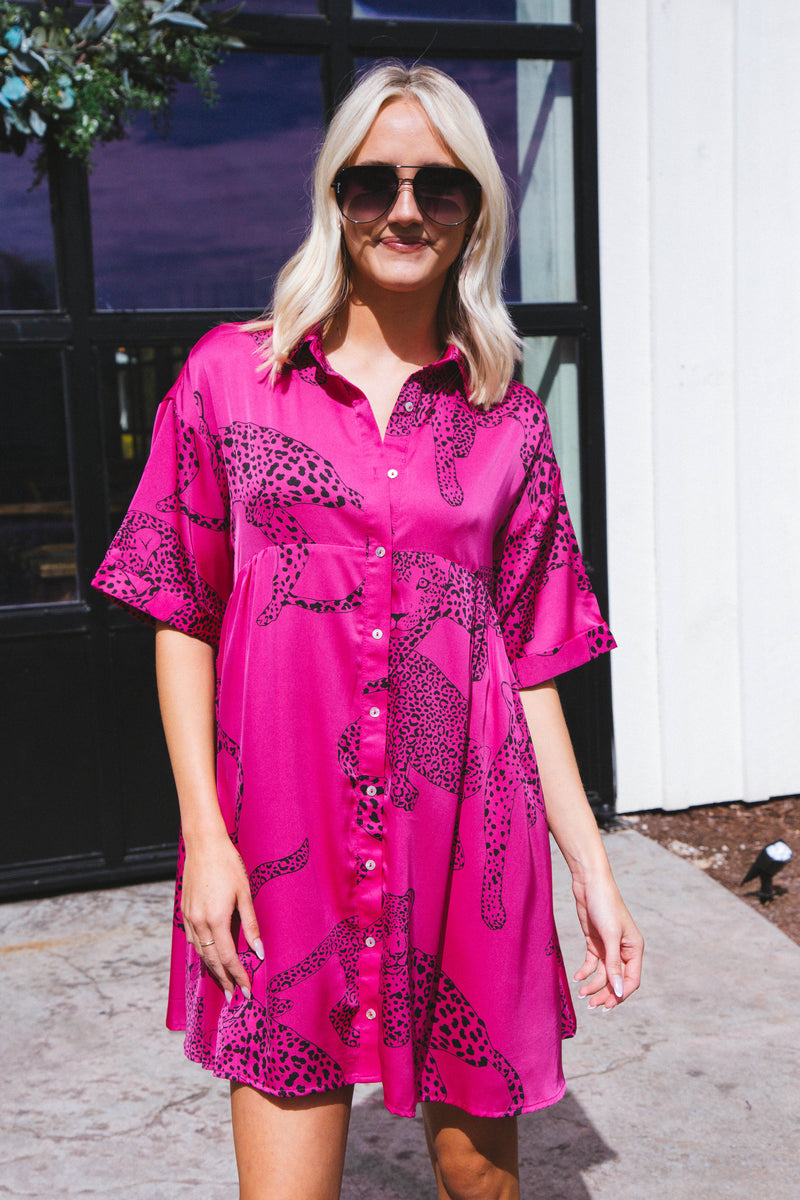 Jada Leopard Satin Dress, Hot Pink | Extended Sizes