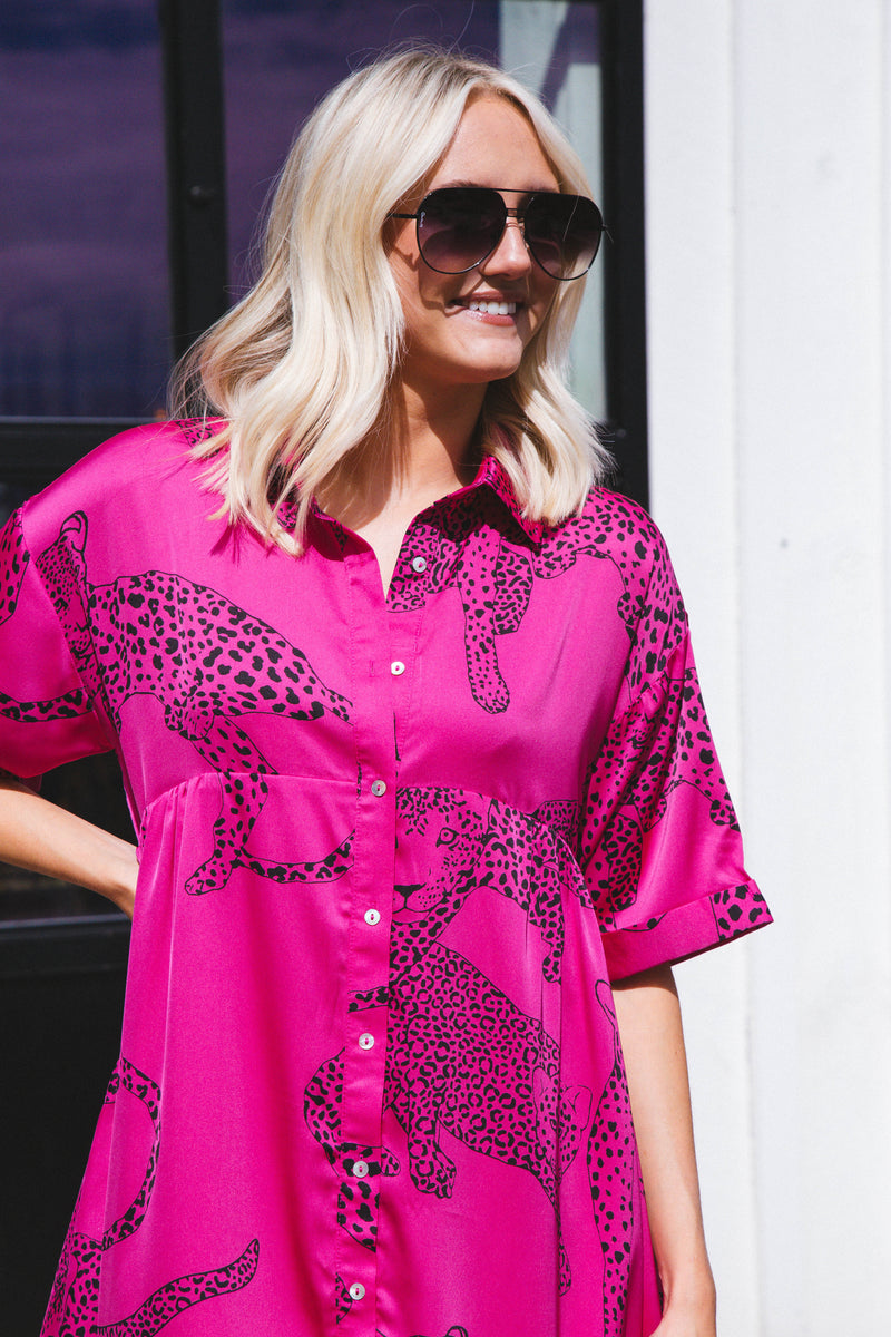 Jada Leopard Satin Dress, Hot Pink | Extended Sizes