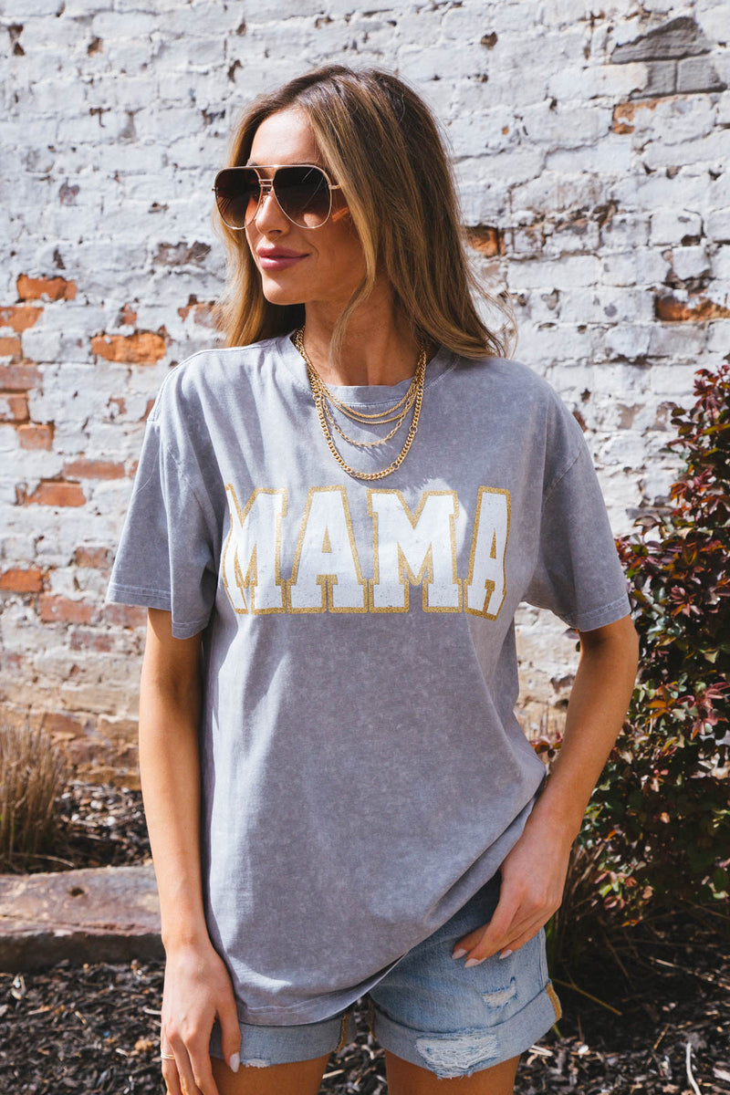 Mama Mineral Washed Graphic Tee, Stone Grey