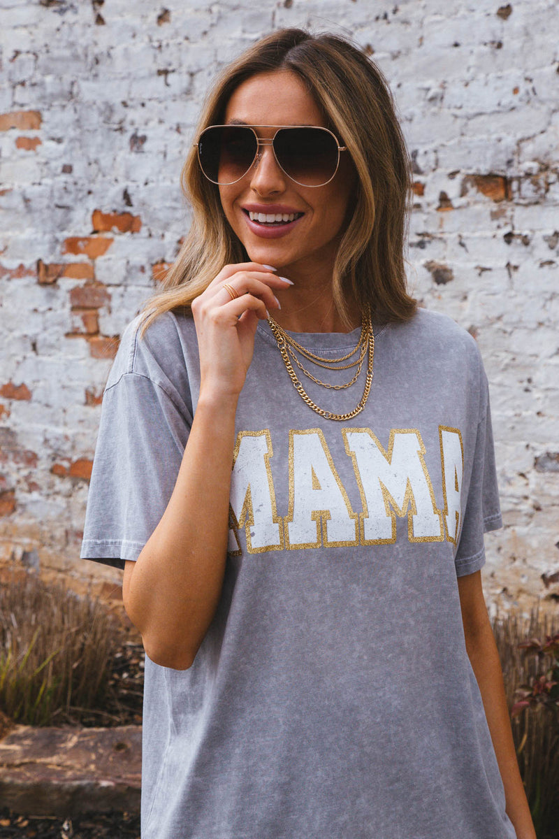 Mama Mineral Washed Graphic Tee, Stone Grey
